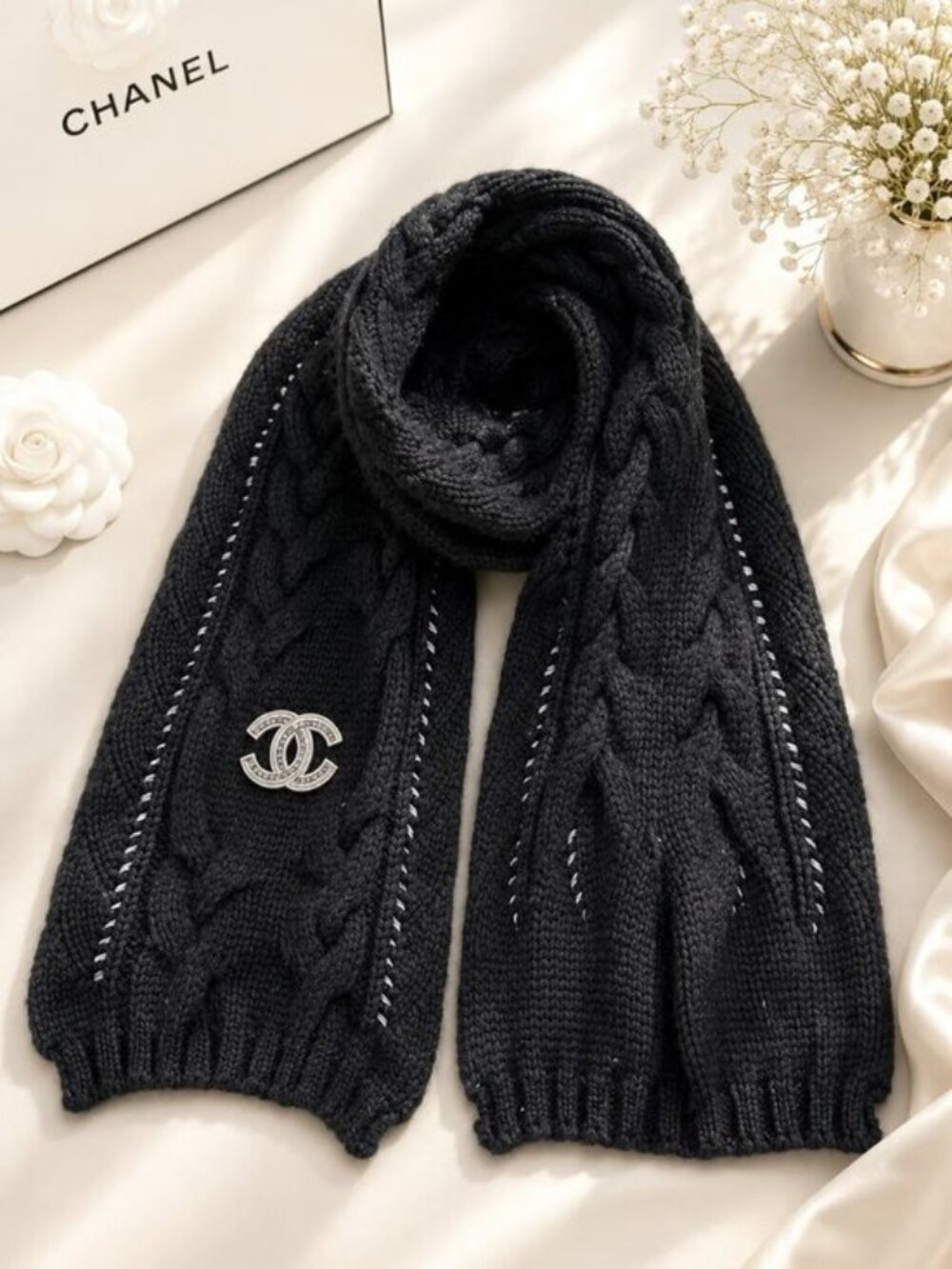 Authentic Chanel Black Cable Knit CC Logo Wool Scarf Luxury Winter Wrap